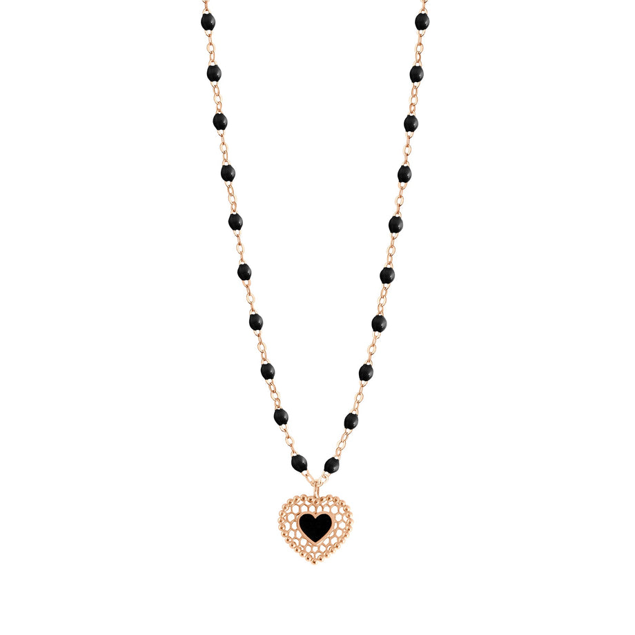Gigi Clozeau - Collier noir Cœur Dentelle, or rose, 42 cm