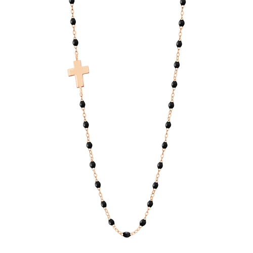 Gigi Clozeau - Collier noir Croix de côté, or rose, 42 cm