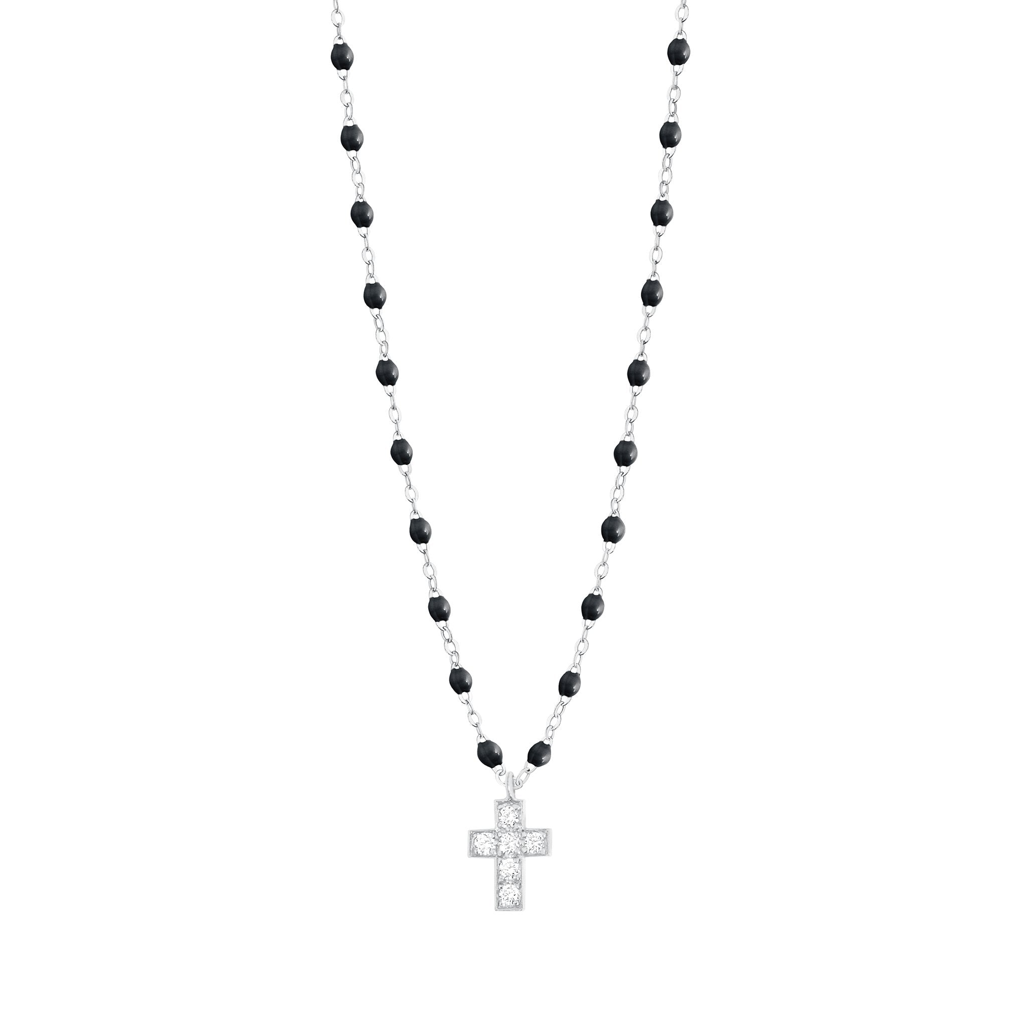 Gigi Clozeau - Collier noir Croix diamants, or blanc, 42 cm