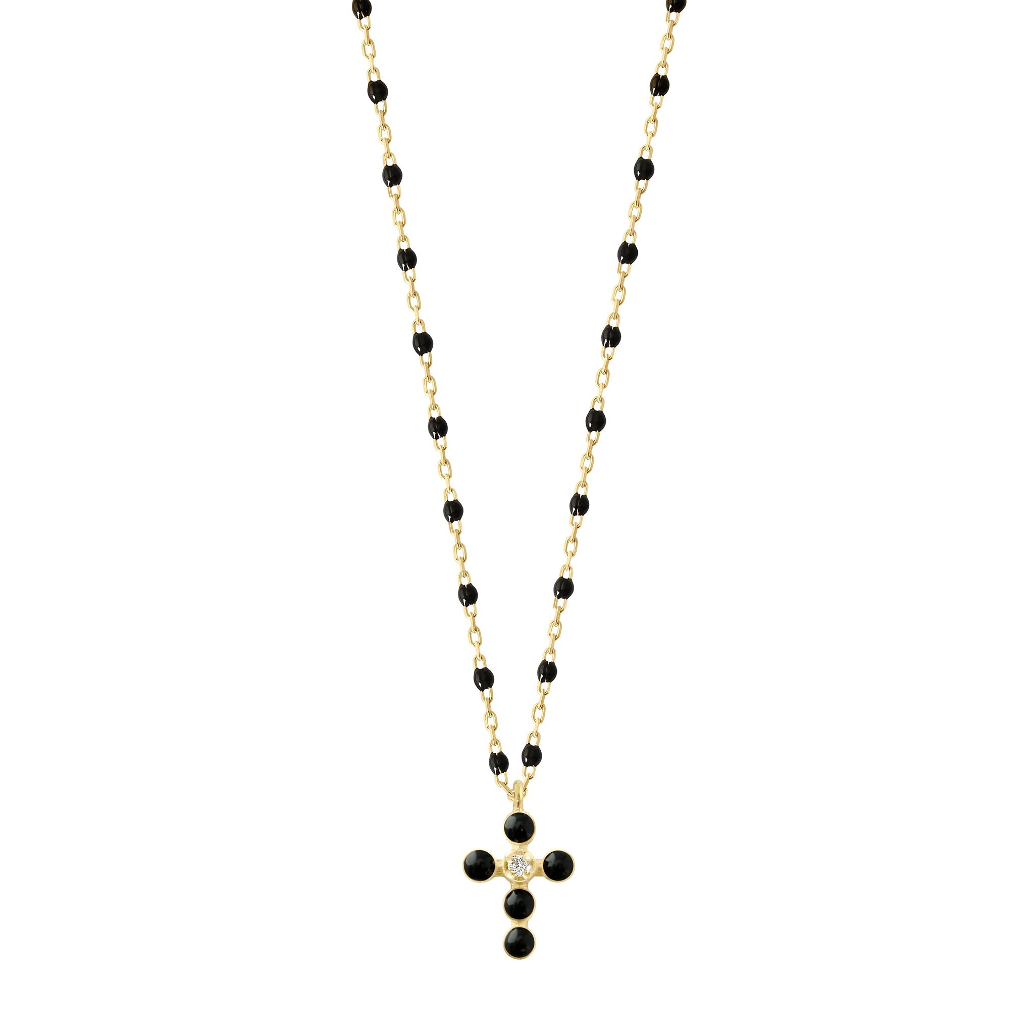 Gigi Clozeau - Collier noir Croix Perlée, or jaune, 1 diamant, 42 cm