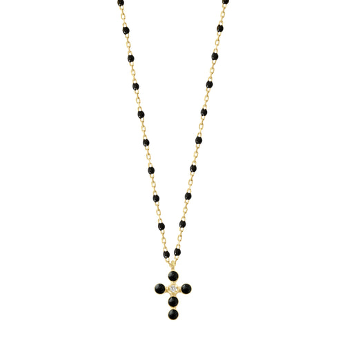 Gigi Clozeau - Collier noir Croix Perlée, or jaune, 1 diamant, 42 cm