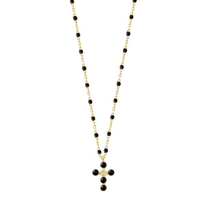 Gigi Clozeau - Collier noir Croix Perlée, or jaune, 1 diamant, 42 cm
