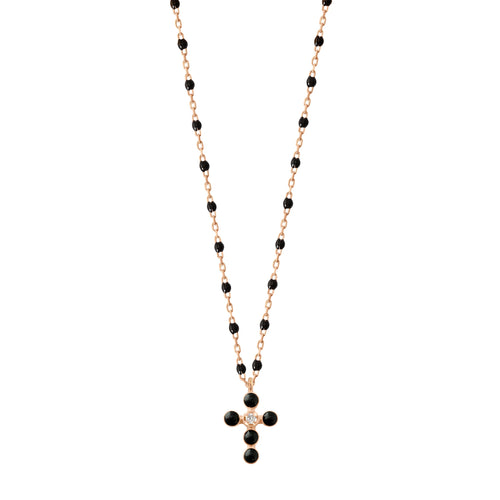 Gigi Clozeau - Collier noir Croix Perlée, or rose, 1 diamant, 42 cm