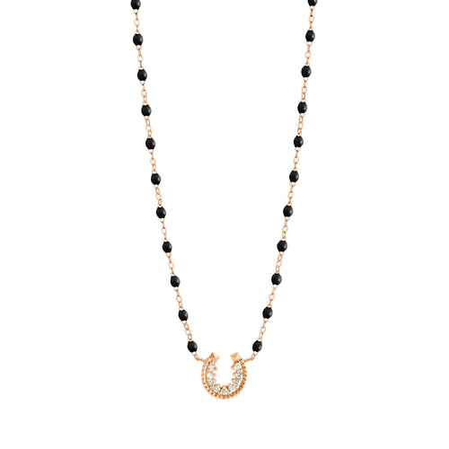 Gigi Clozeau - Collier noir Fer à cheval, diamants, or rose, 42 cm