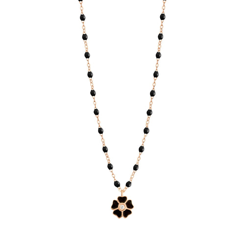 Gigi Clozeau - Collier noir Fleur, diamant, or rose, 42 cm