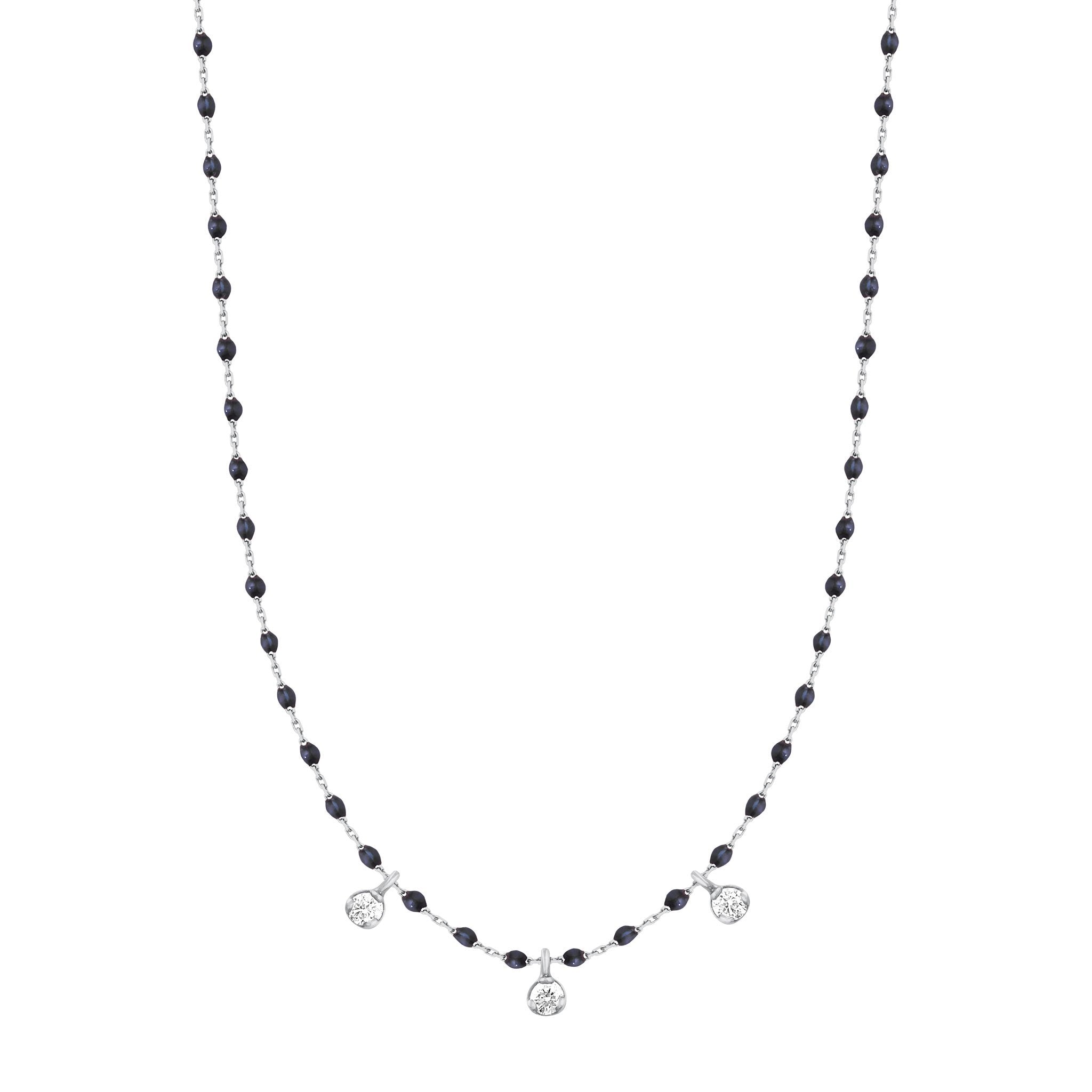 Gigi Clozeau - Collier noir Mini Gigi, or blanc, 3 diamants, 42 cm