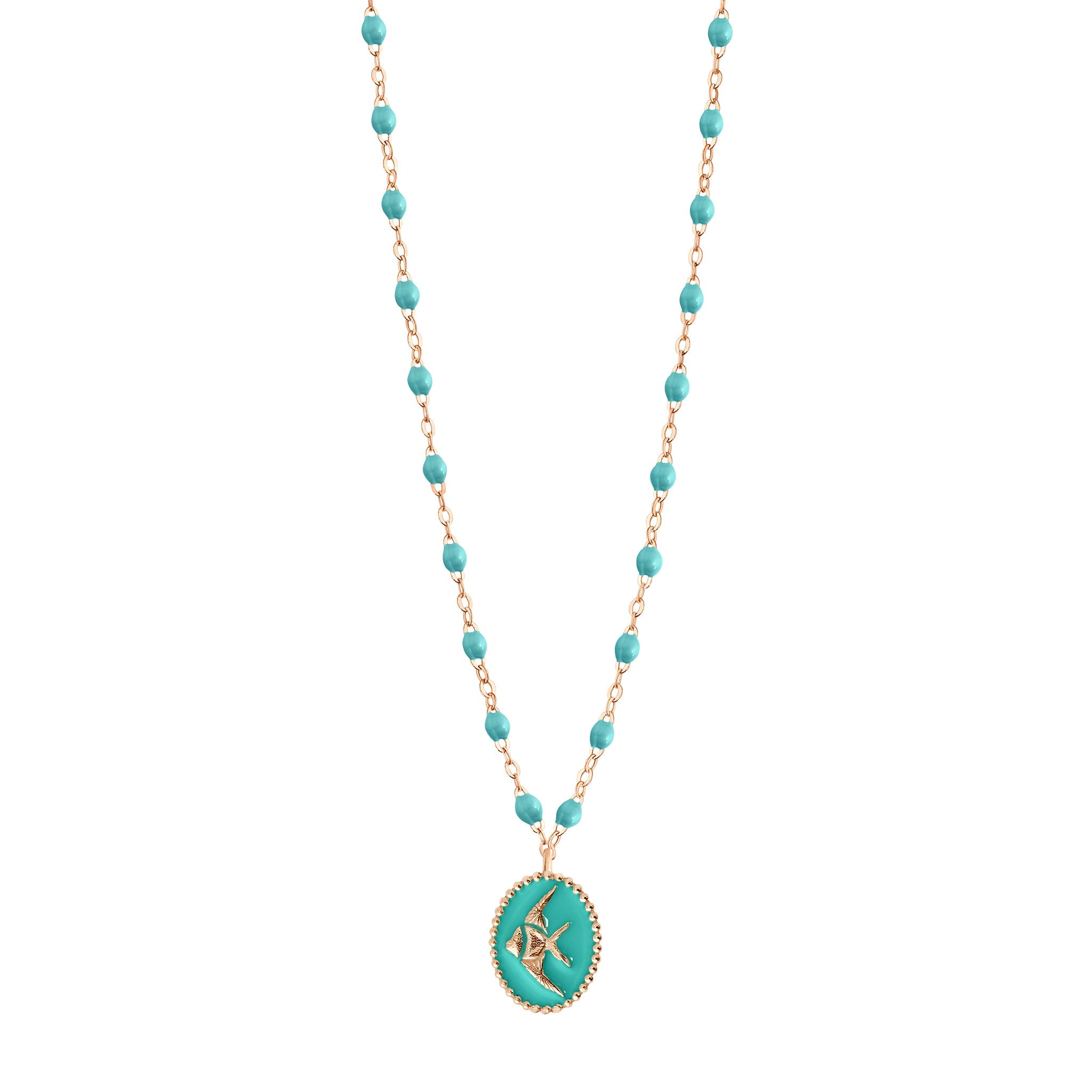 Gigi Clozeau - Collier Poisson Ange résine turquoise vert, or rose, 42 cm