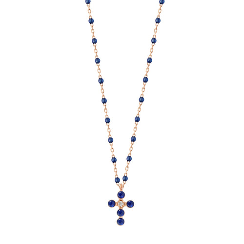 Gigi Clozeau - Collier prusse Croix Perlée, or rose, 1 diamant, 42 cm