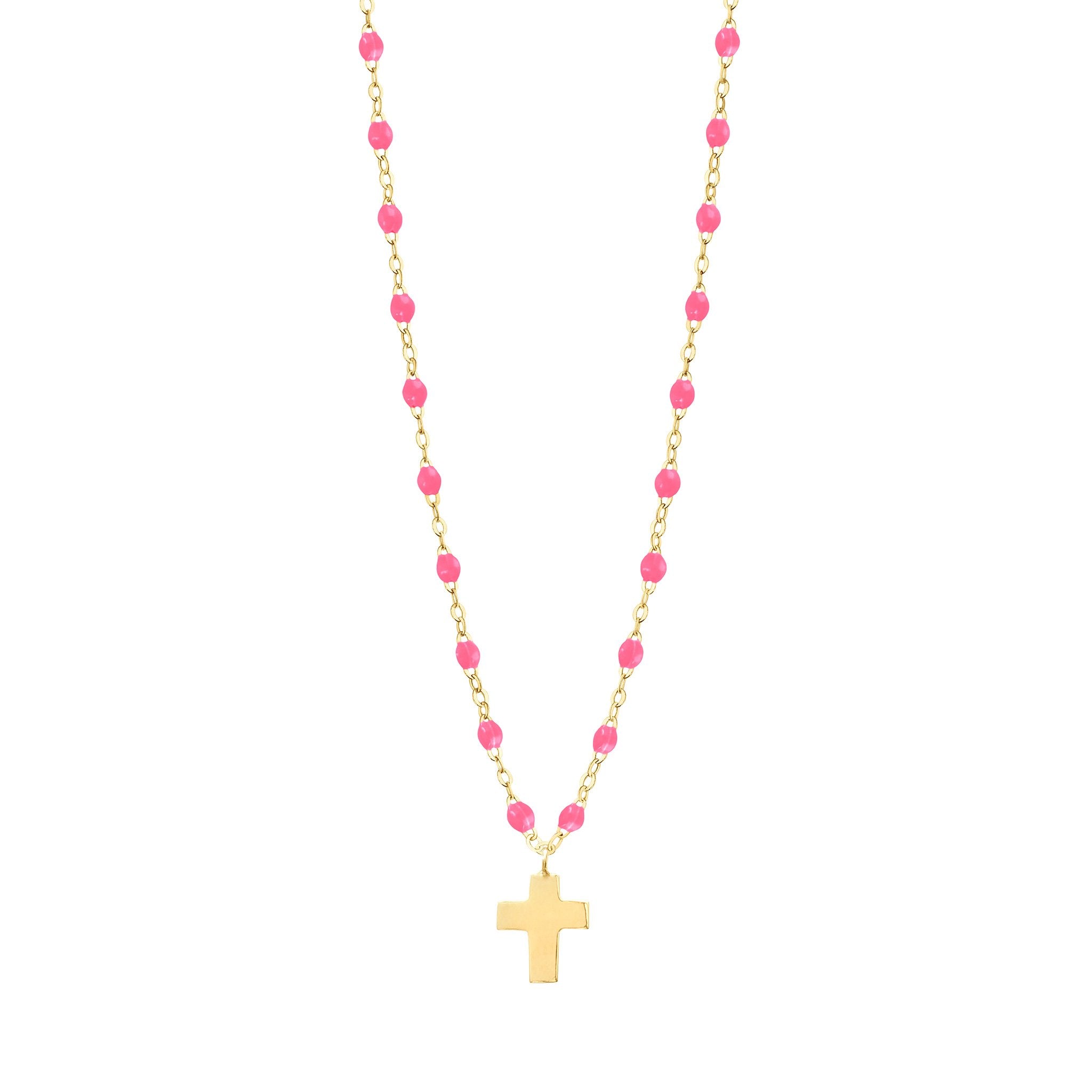 Gigi Clozeau - Collier rose fluo Croix Classique Gigi, or jaune, 42 cm