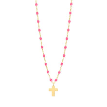 Gigi Clozeau - Collier rose fluo Croix Classique Gigi, or jaune, 42 cm