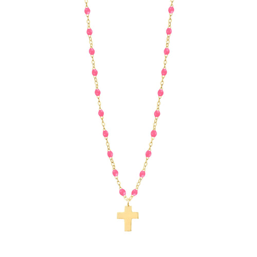 Gigi Clozeau - Collier rose fluo Croix Classique Gigi, or jaune, 42 cm