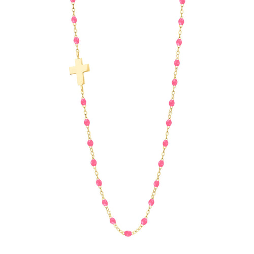 Gigi Clozeau - Collier rose fluo Croix de côté, or jaune, 42 cm