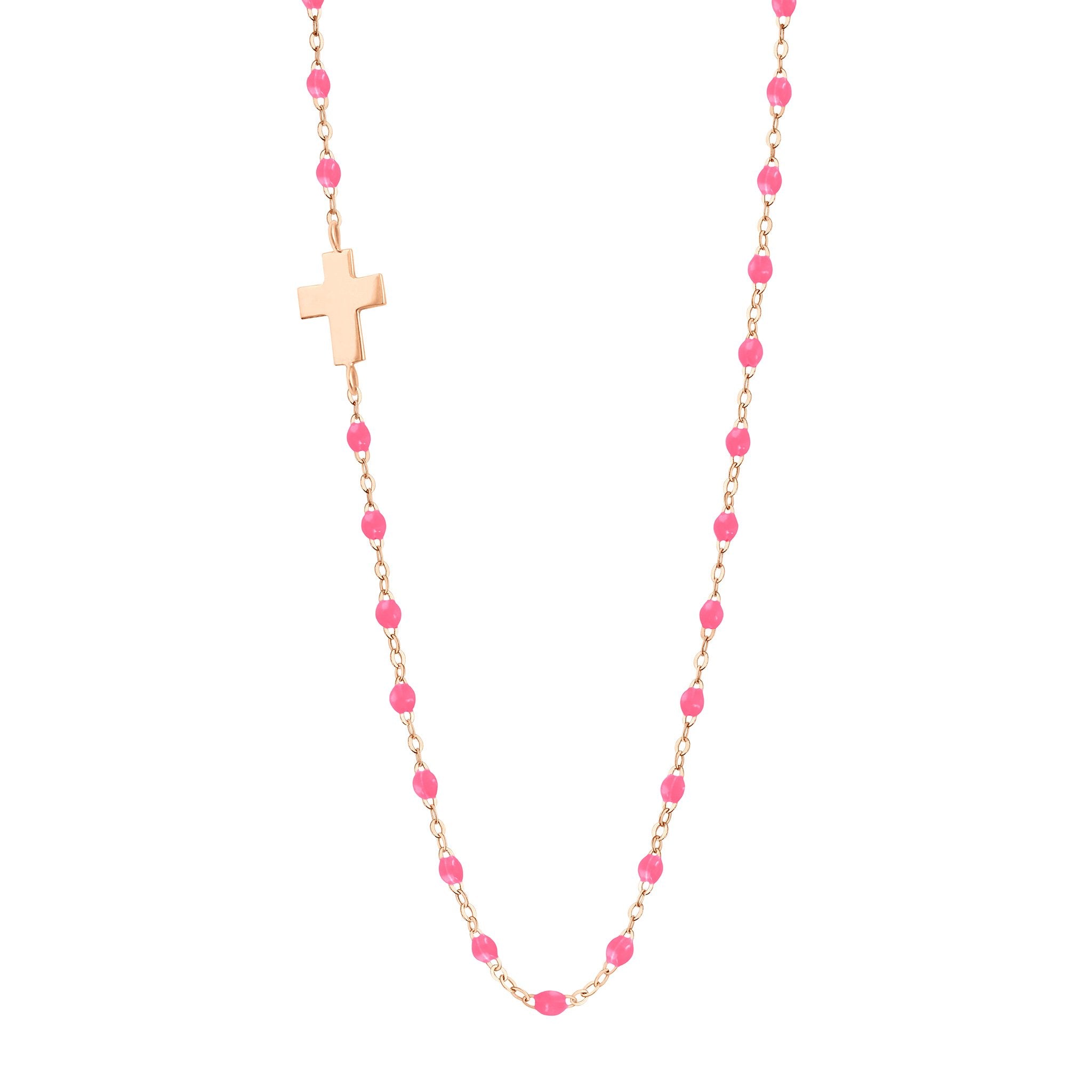 Gigi Clozeau - Collier rose fluo Croix de côté, or rose, 42 cm