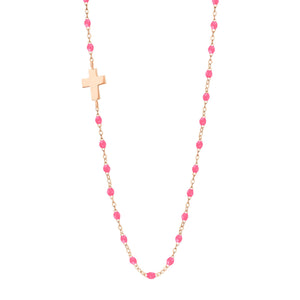 Gigi Clozeau - Collier rose fluo Croix de côté, or rose, 42 cm