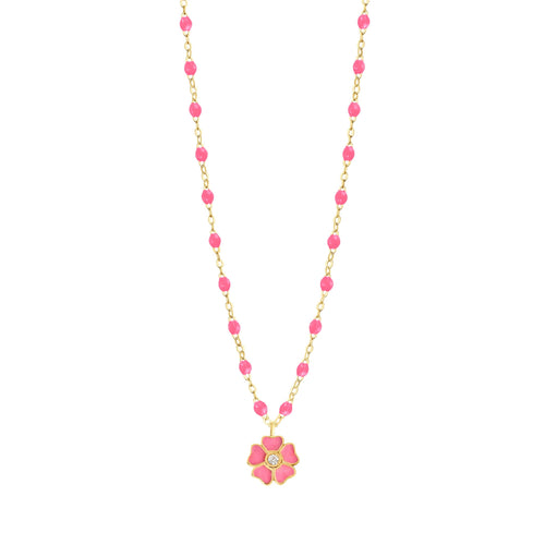 Gigi Clozeau - Collier rose fluo Fleur, diamant, or jaune, 42 cm