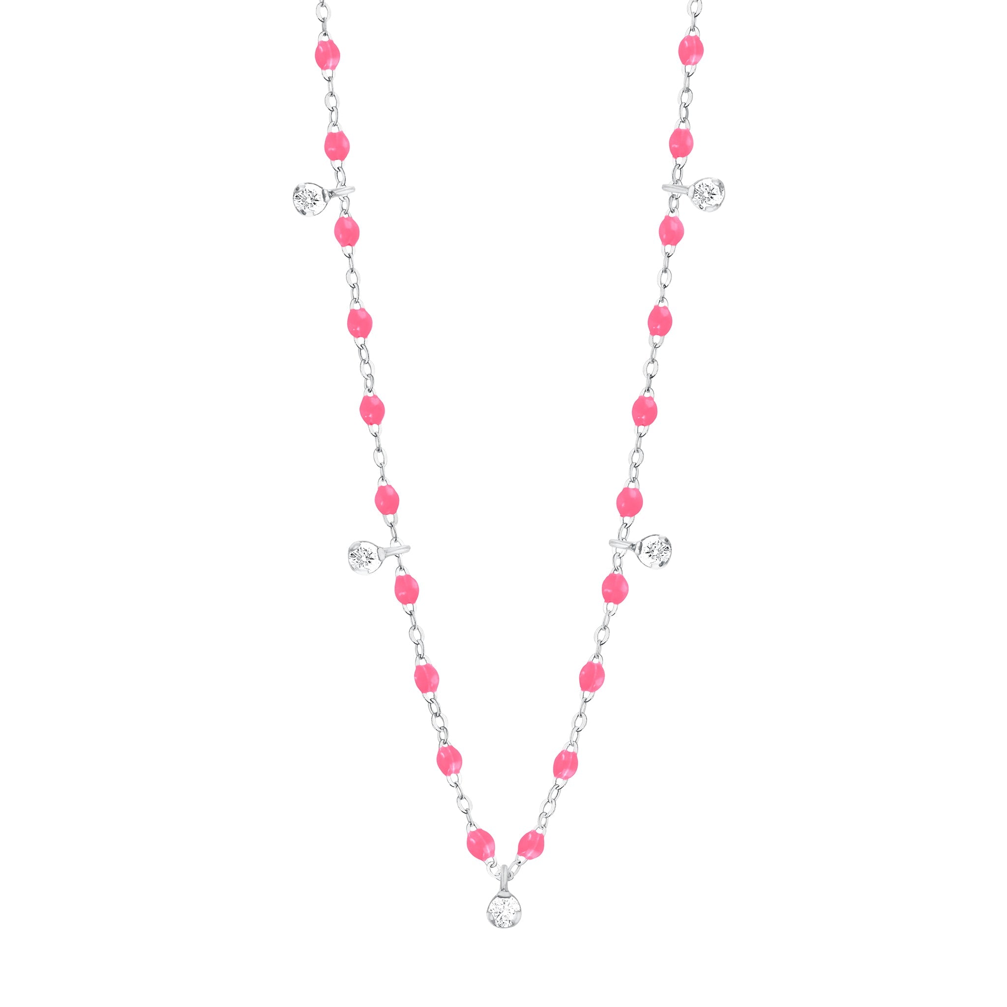 Gigi Clozeau - Collier rose fluo Gigi Suprême, or blanc, 5 diamants, 45 cm