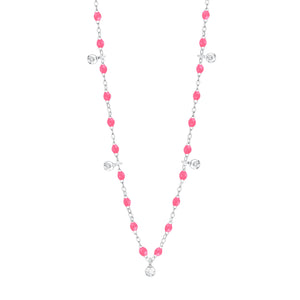 Gigi Clozeau - Collier rose fluo Gigi Suprême, or blanc, 5 diamants, 45 cm