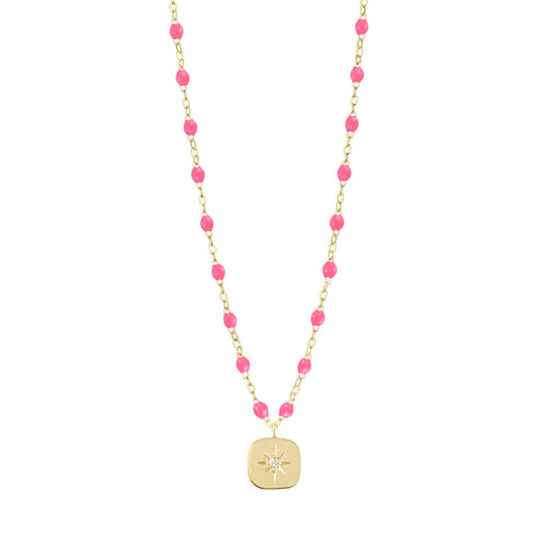 Gigi Clozeau - Collier rose fluo Miss Gigi diamant, or jaune, 42 cm