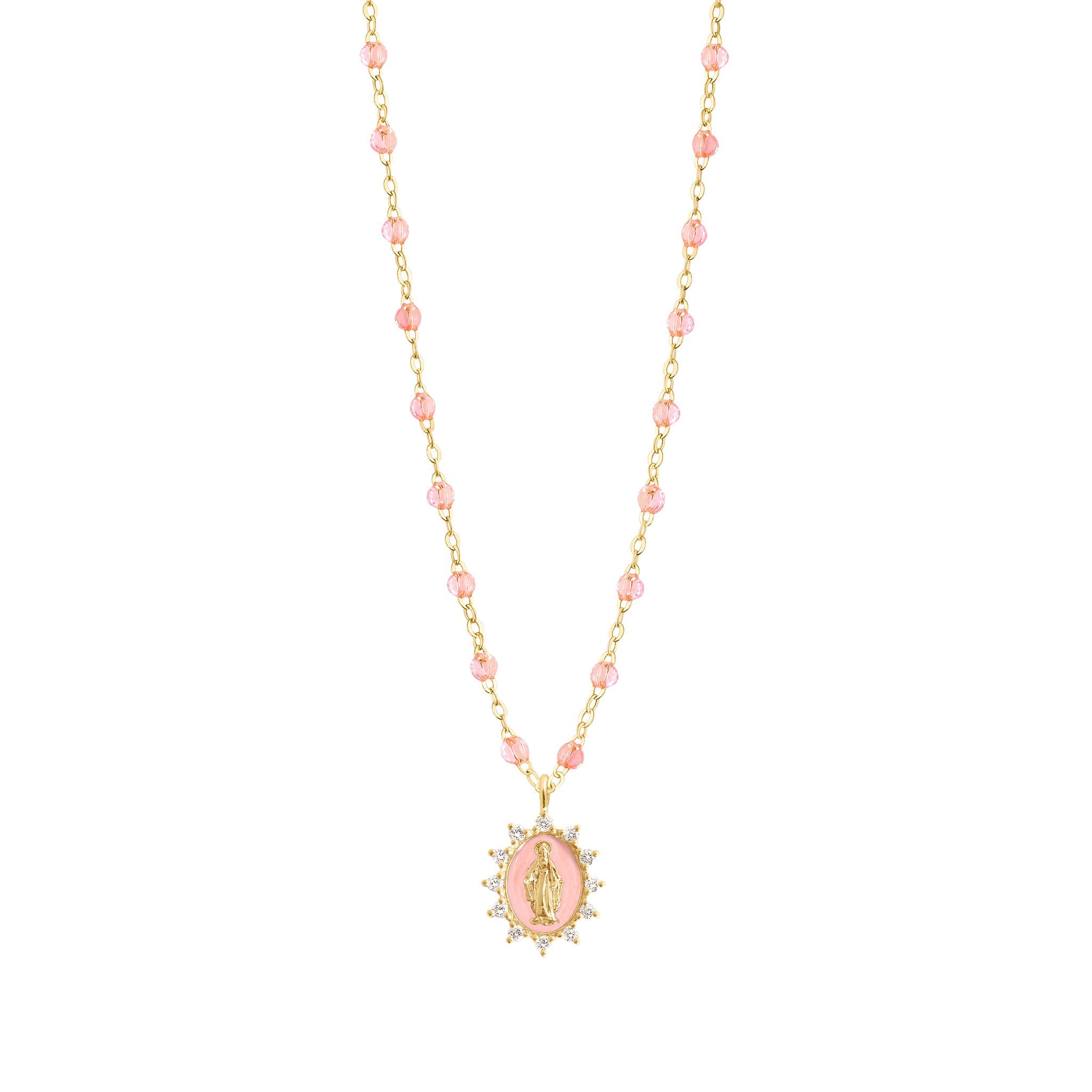 Gigi Clozeau - Collier rosée Petite Madone Suprême rose bébé, diamants, or jaune, 50 cm