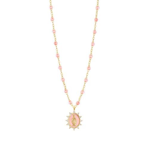 Gigi Clozeau - Collier rosée Petite Madone Suprême rose bébé, diamants, or jaune, 50 cm