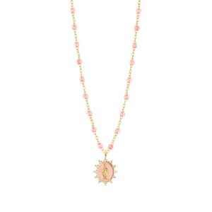 Gigi Clozeau - Collier rosée Petite Madone Suprême rose bébé, diamants, or jaune, 50 cm