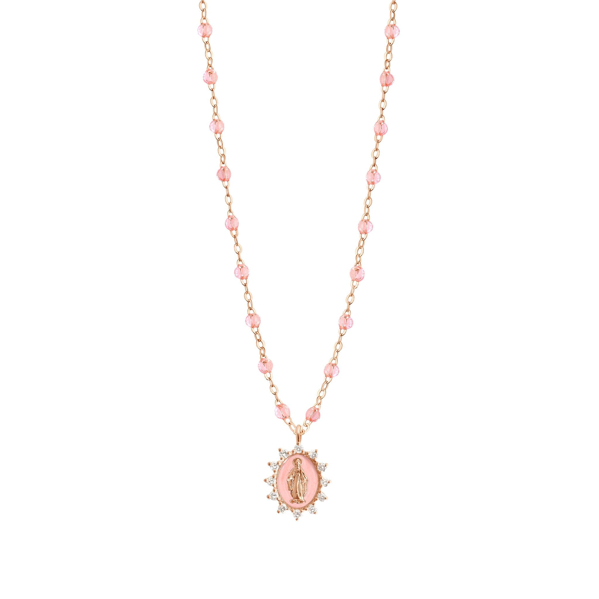 Gigi Clozeau - Collier rosée Petite Madone Suprême rose bébé, diamants, or rose, 50 cm