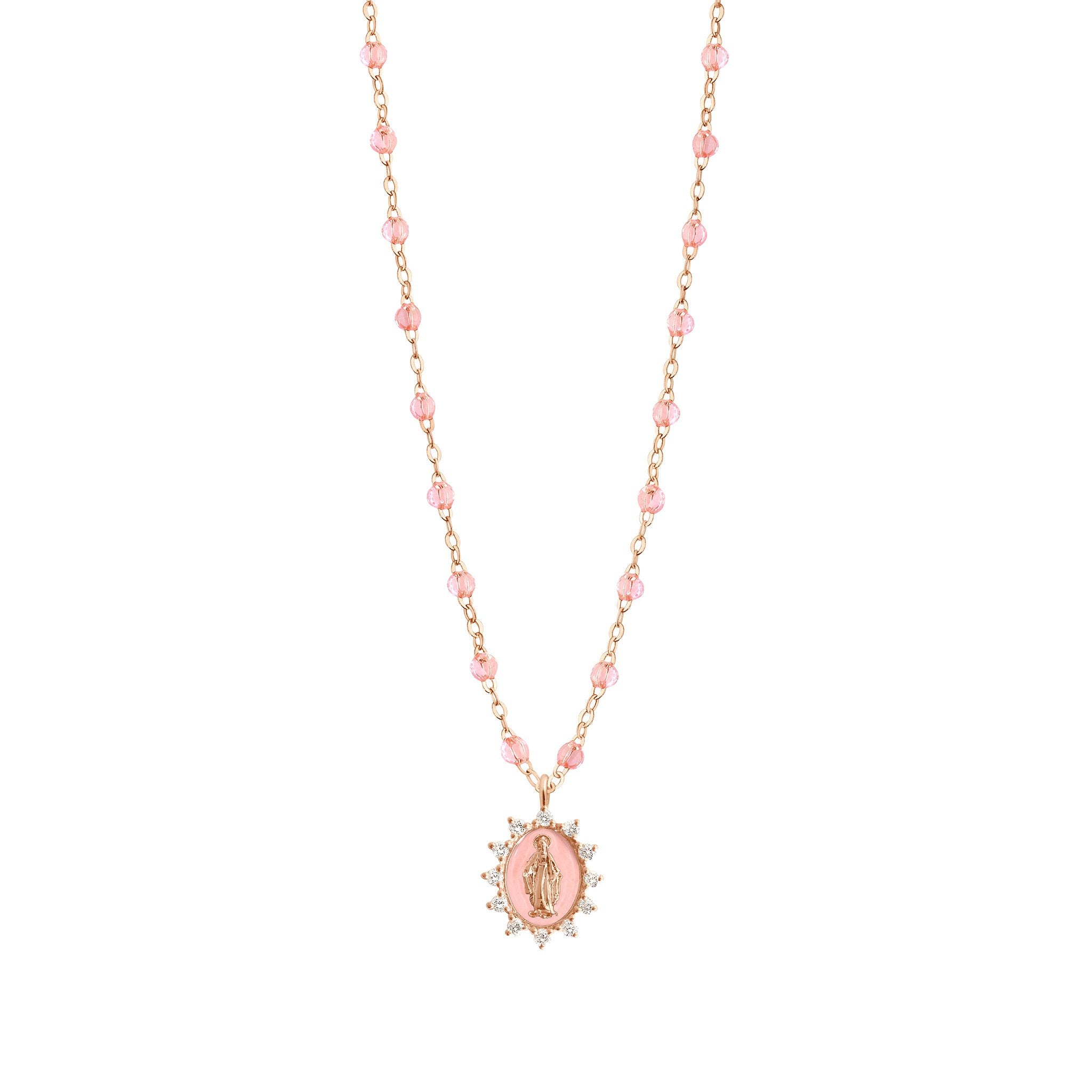 Gigi Clozeau - Collier rosée Petite Madone Suprême rose bébé, diamants, or rose, 50 cm