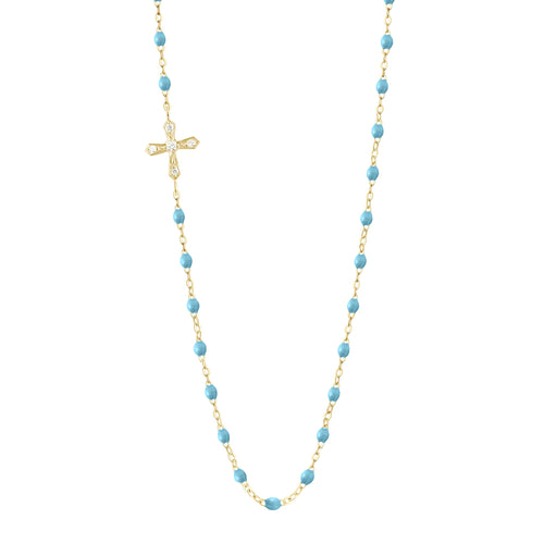 Gigi Clozeau - Collier turquoise Croix Vintage diamants, or jaune, 42 cm