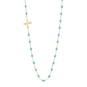 Gigi Clozeau - Collier turquoise Croix Vintage diamants, or jaune, 42 cm