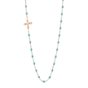 Gigi Clozeau - Collier turquoise Croix Vintage diamants, or rose, 42 cm