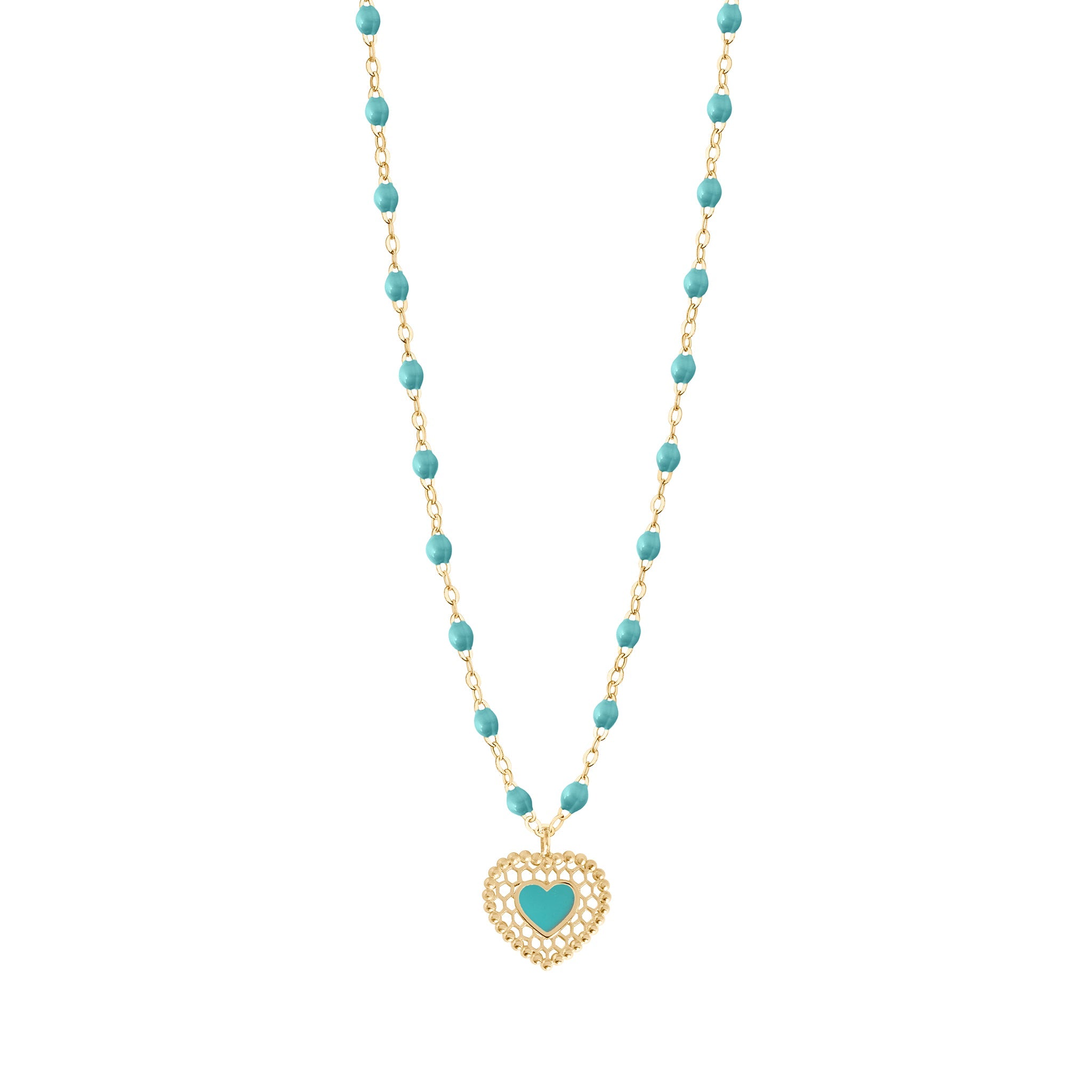 Gigi Clozeau - Collier turquoise vert Cœur Dentelle, or jaune, 42 cm