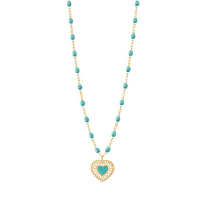 Gigi Clozeau - Collier turquoise vert Cœur Dentelle, or jaune, 42 cm