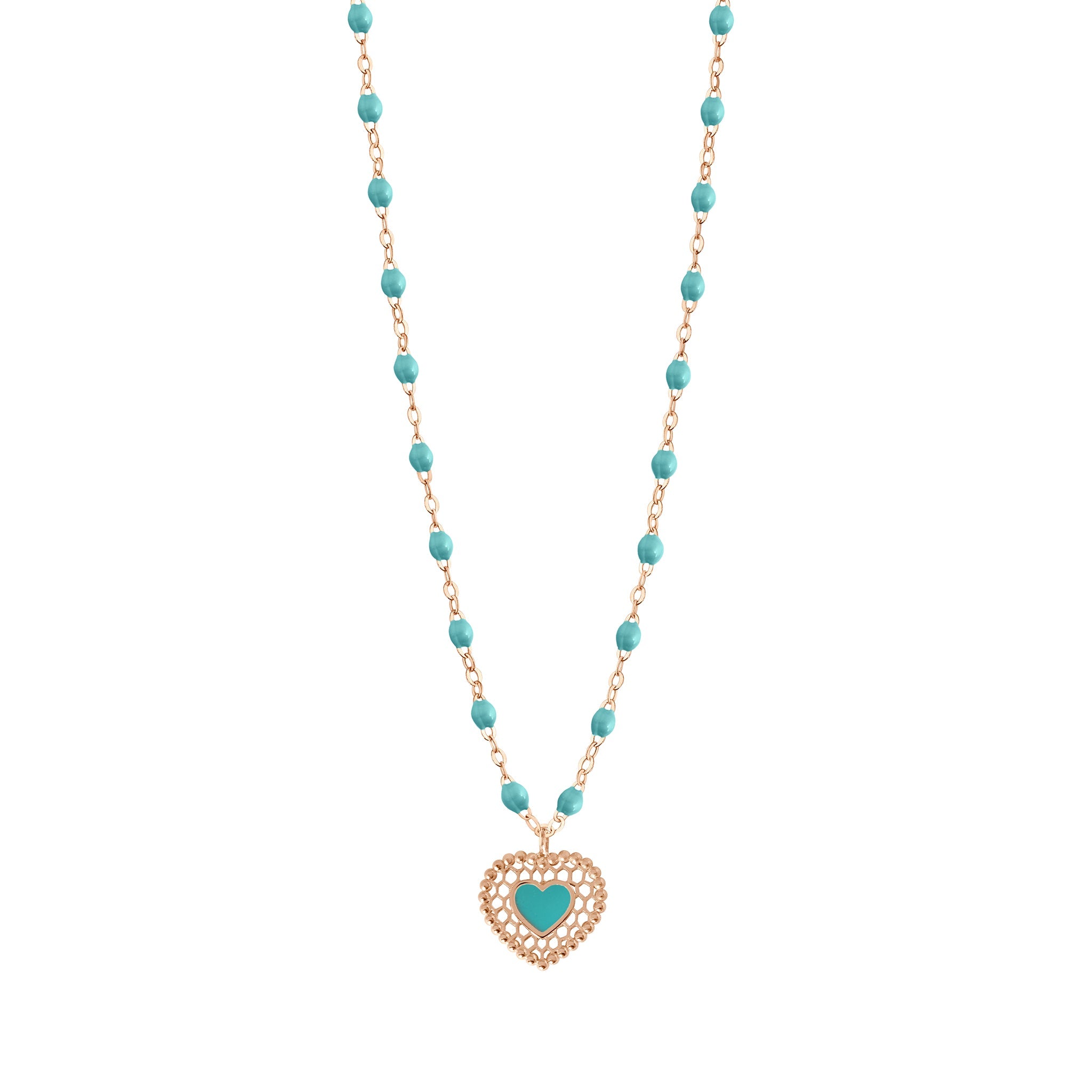 Gigi Clozeau - Collier turquoise vert Cœur Dentelle, or rose, 42 cm