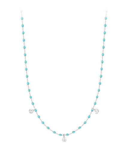 Gigi Clozeau - Collier turquoise vert Mini Gigi, or blanc, 3 diamants, 42 cm