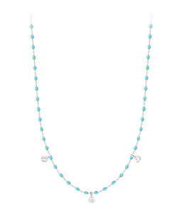 Gigi Clozeau - Collier turquoise vert Mini Gigi, or blanc, 3 diamants, 42 cm