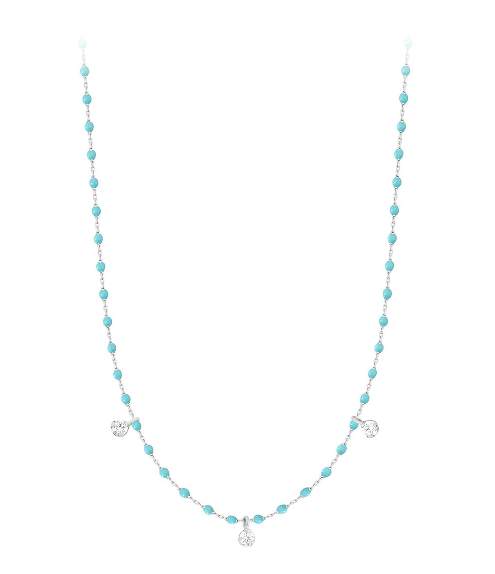 Gigi Clozeau - Collier turquoise vert Mini Gigi, or blanc, 3 diamants, 42 cm