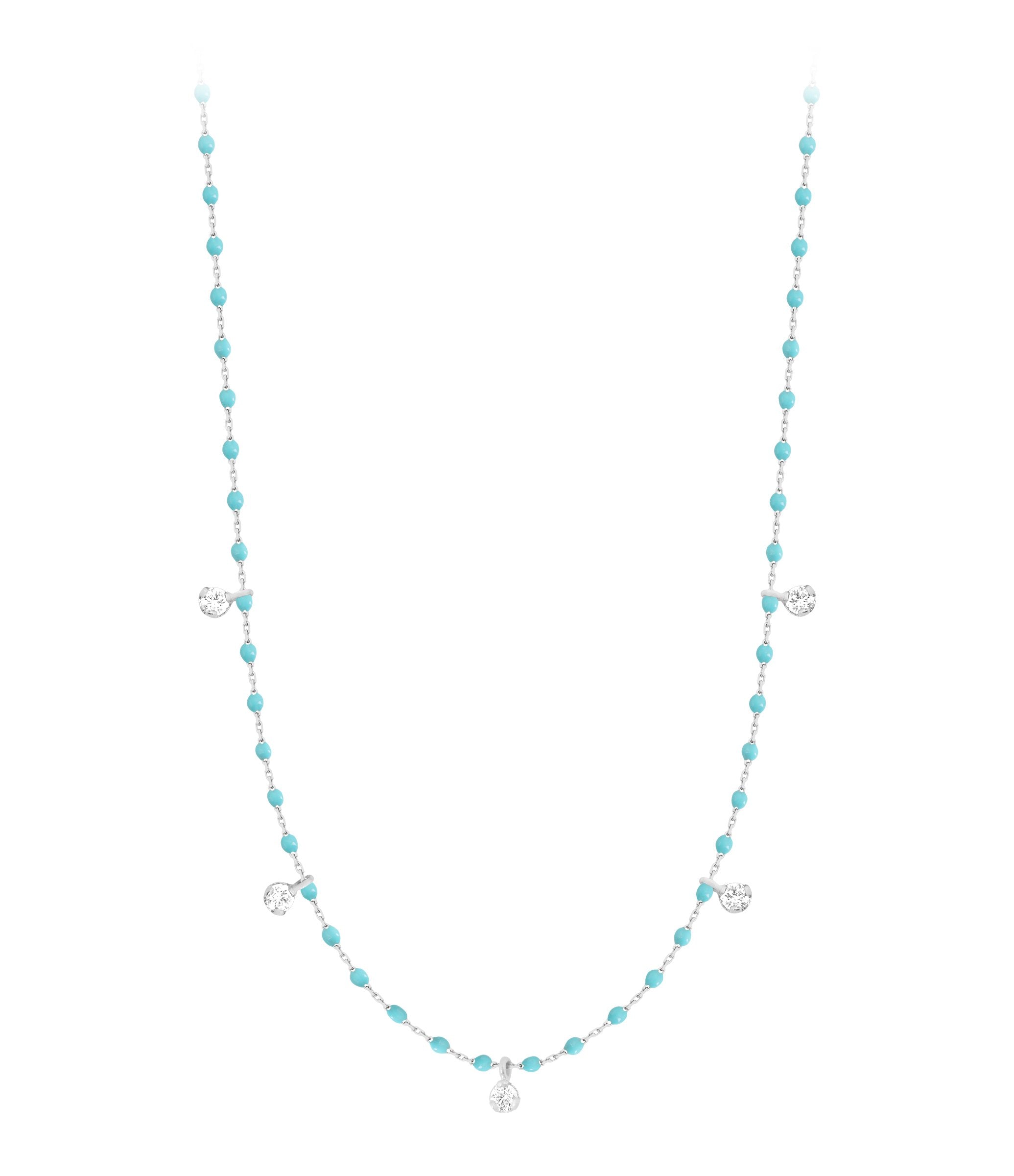 Gigi Clozeau - Collier turquoise vert Mini Gigi, or blanc, 5 diamants, 55 cm