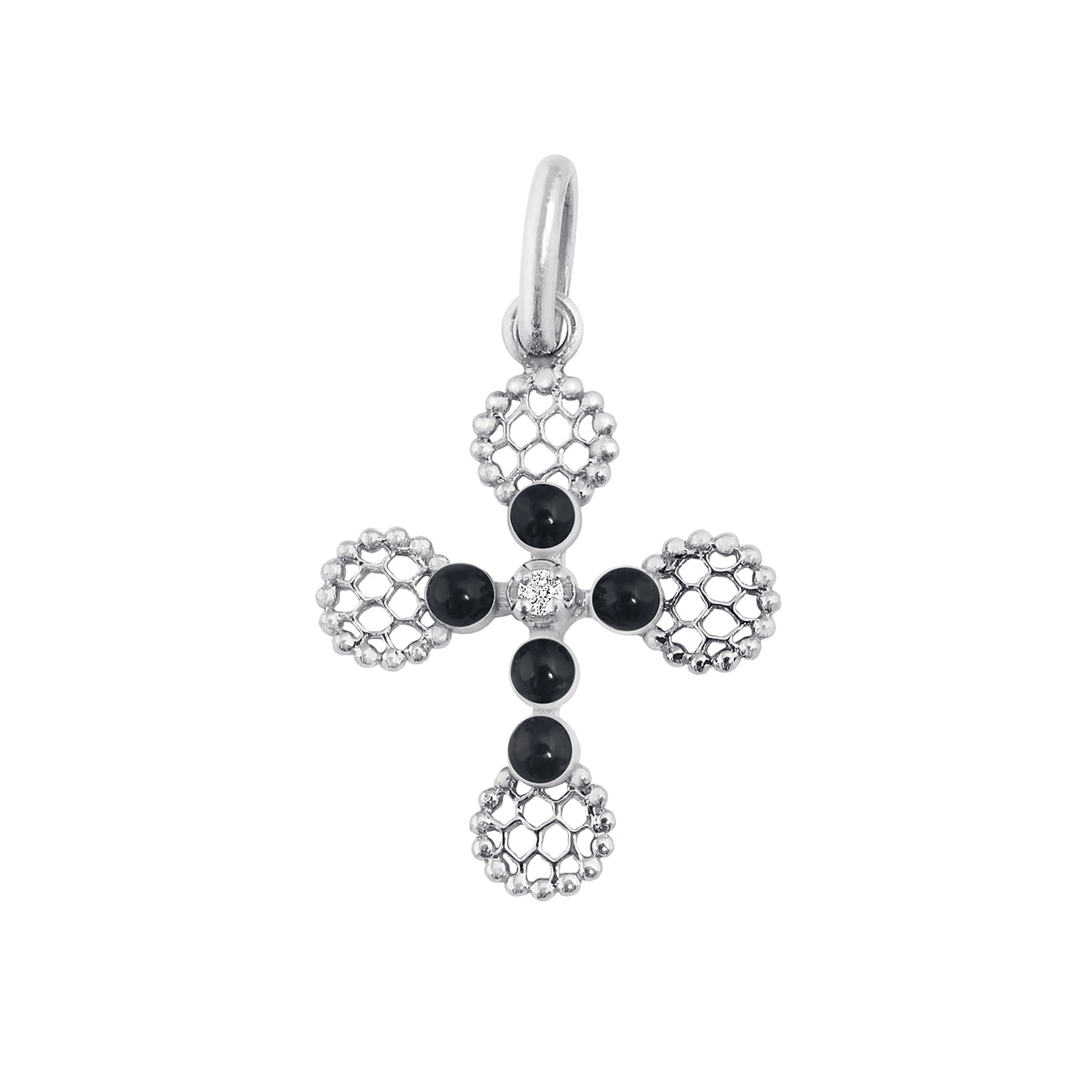Gigi Clozeau - Pendentif Croix Dentelle Perlée résine noire, or blanc, diamant