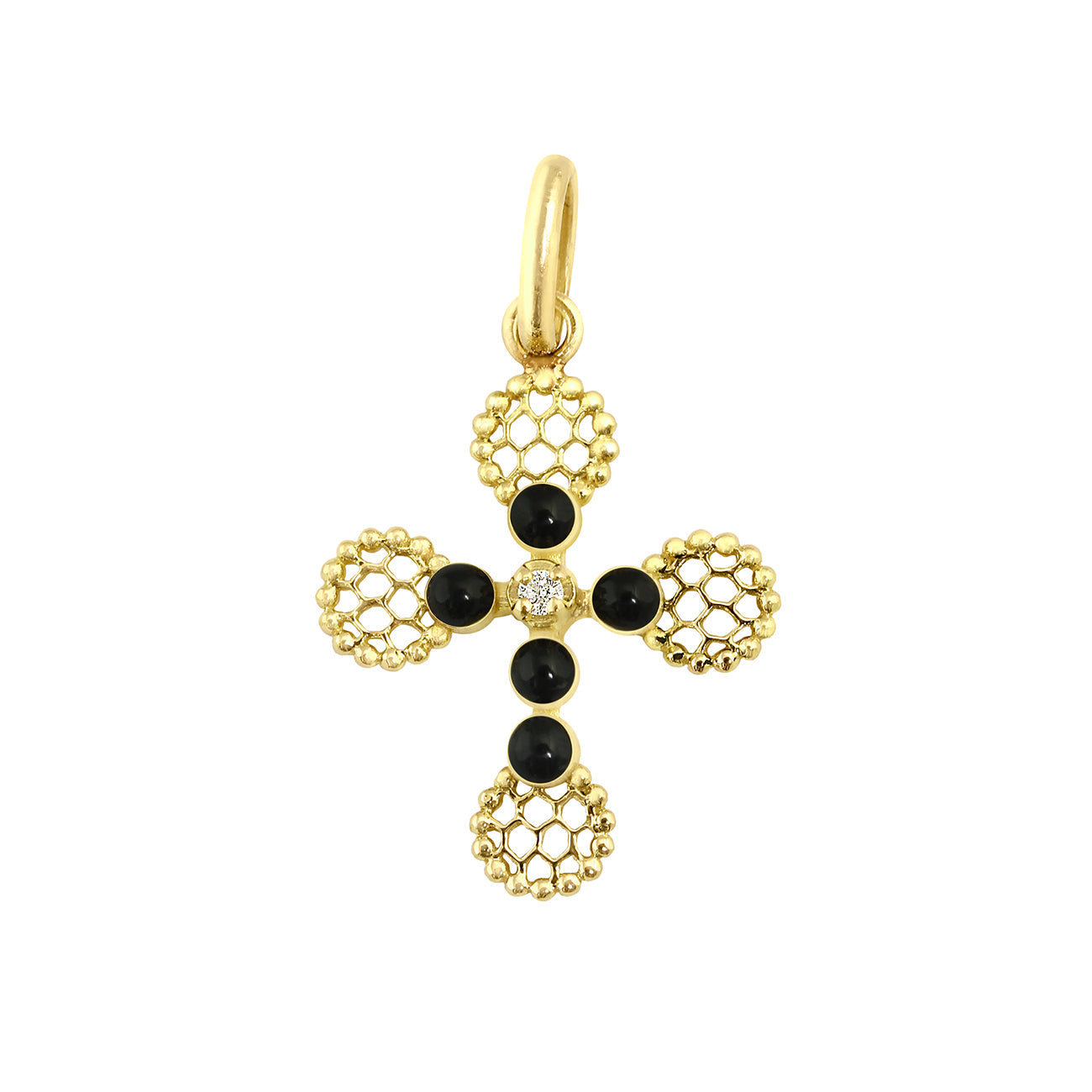 Gigi Clozeau - Pendentif Croix Dentelle Perlée résine noire, or jaune, diamant